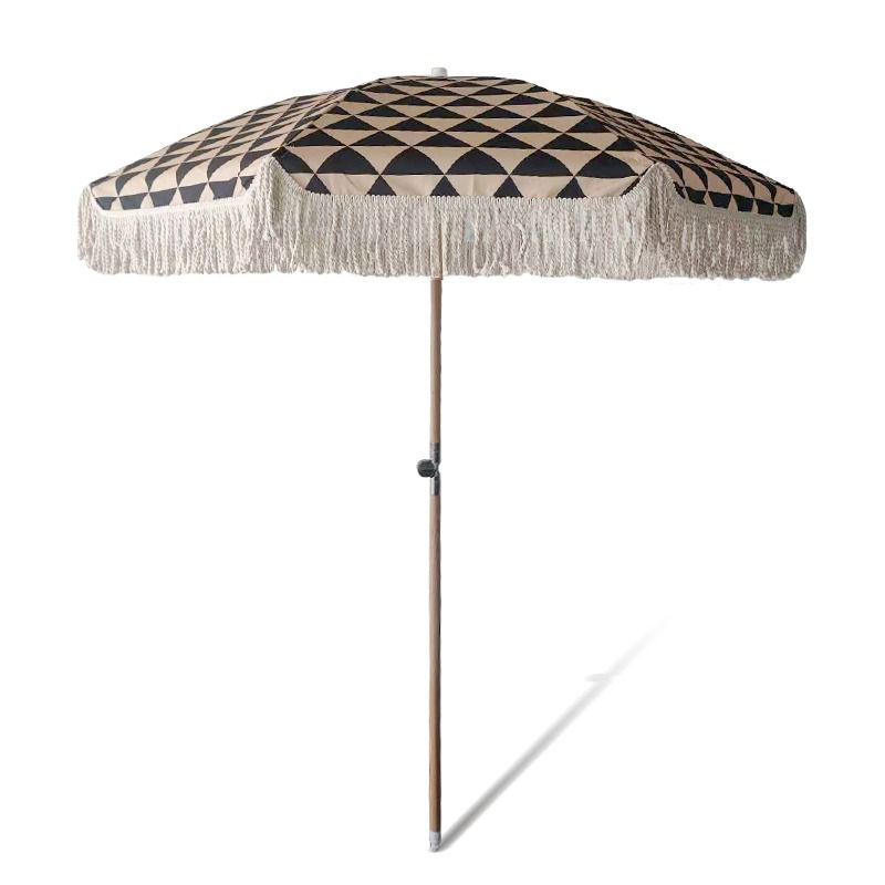 black and beige triangle print parasol with fringe